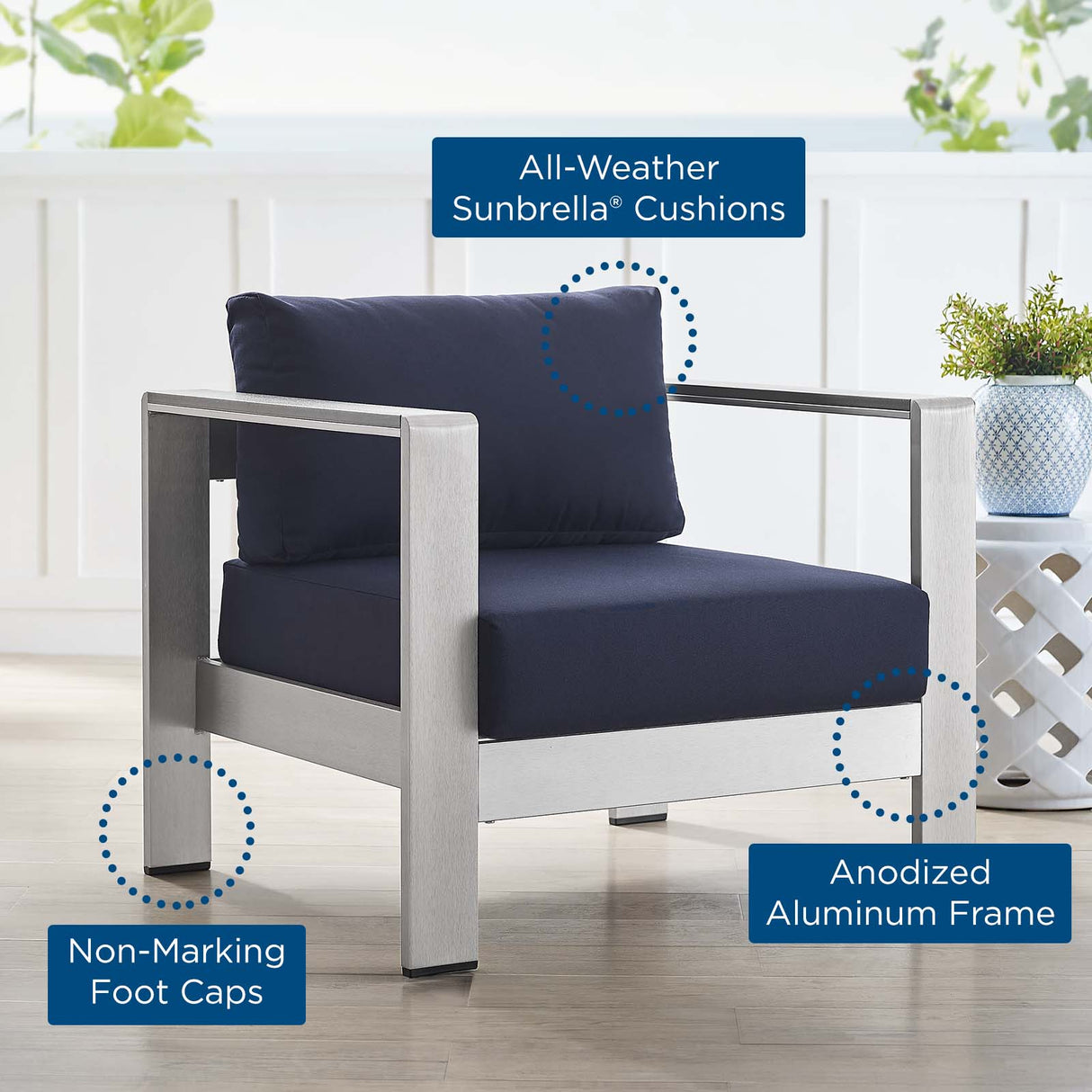 Shore Sunbrella Fabric Aluminum Outdoor Patio Armchair