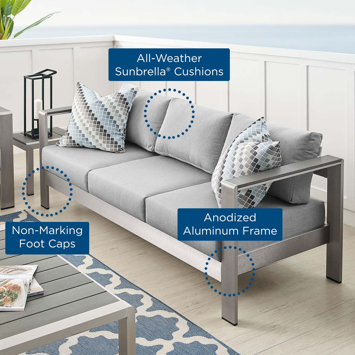Shore Sunbrella Fabric Aluminum Outdoor Patio Sofa