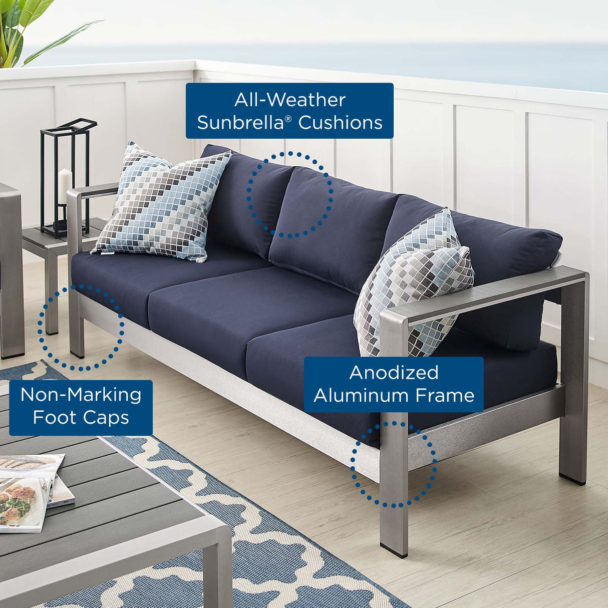 Shore Sunbrella Fabric Aluminum Outdoor Patio Sofa
