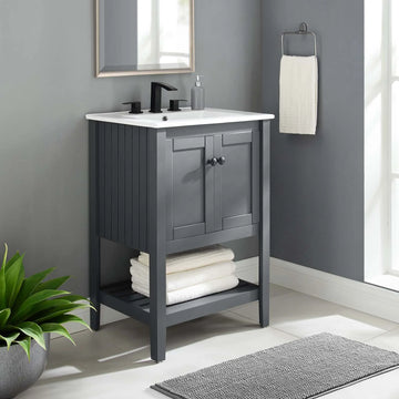 Pearl 24 Inch Vertical Slat Style Freestanding Bathroom Vanity With Ceramic Sink, Open Storage Shelf & 2 Doors