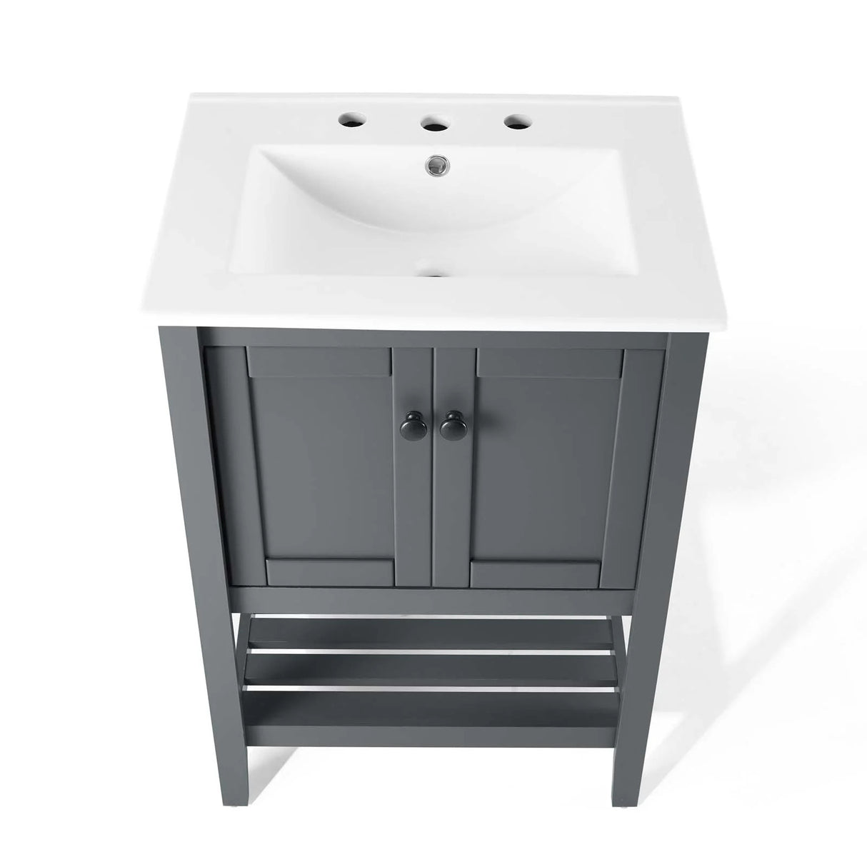 Pearl 24 Inch Vertical Slat Style Freestanding Bathroom Vanity With Ceramic Sink, Open Storage Shelf & 2 Doors