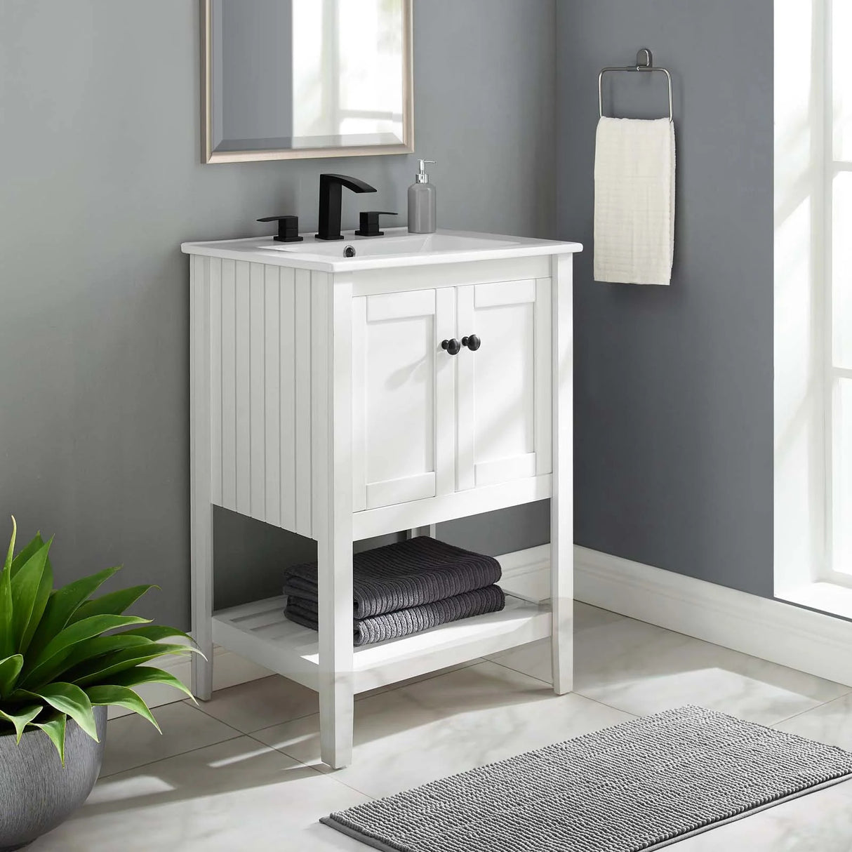 Pearl 24 Inch Vertical Slat Style Freestanding Bathroom Vanity With Ceramic Sink, Open Storage Shelf & 2 Doors