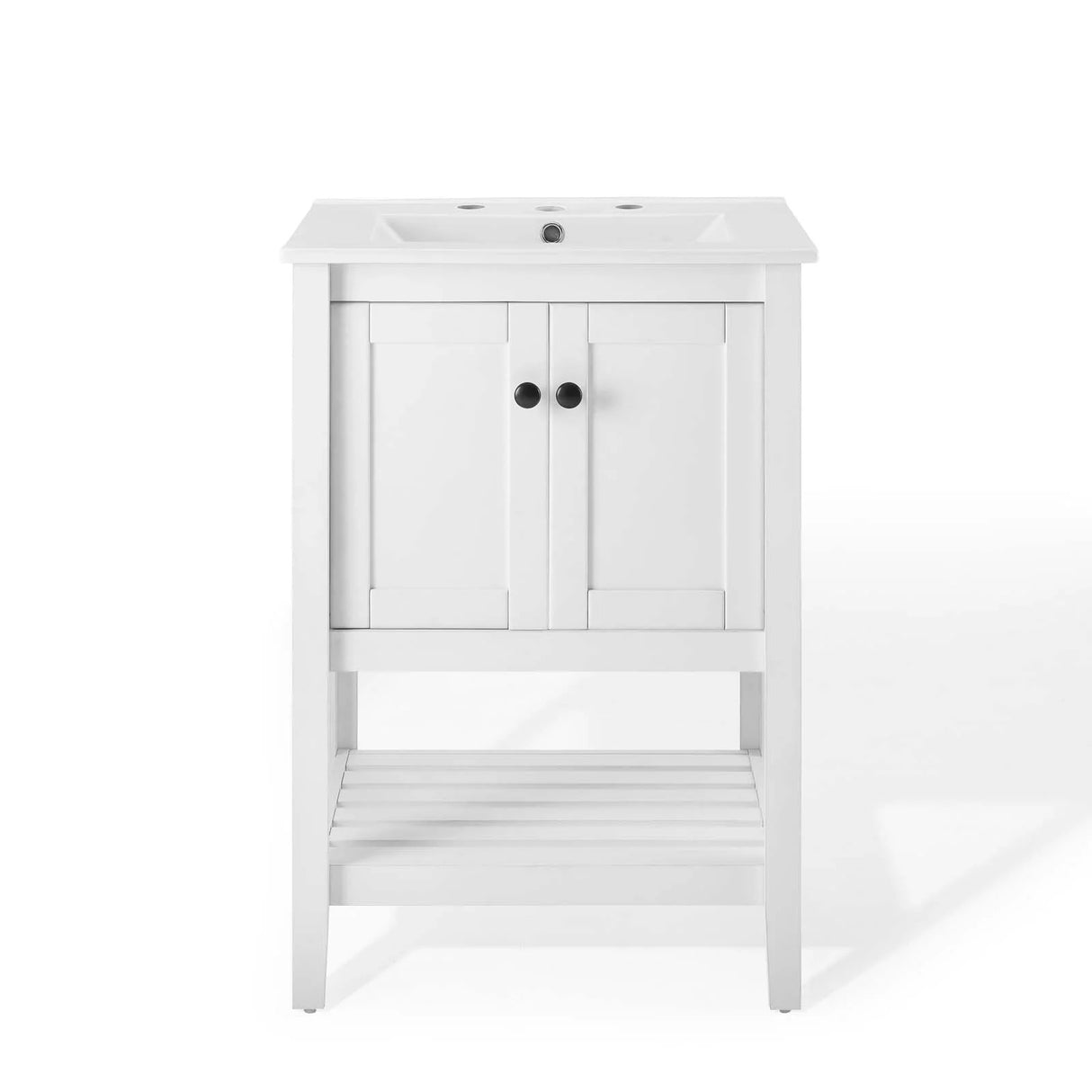 Pearl 24 Inch Vertical Slat Style Freestanding Bathroom Vanity With Ceramic Sink, Open Storage Shelf & 2 Doors