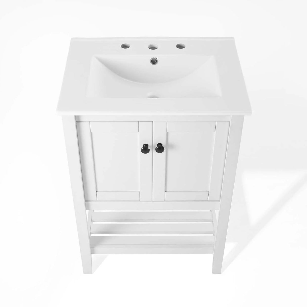 Pearl 24 Inch Vertical Slat Style Freestanding Bathroom Vanity With Ceramic Sink, Open Storage Shelf & 2 Doors