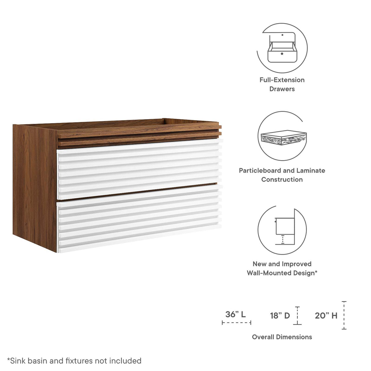 Render 36" Wall-Mount Bathroom Vanity Cabinet (Sink Basin Not Included)