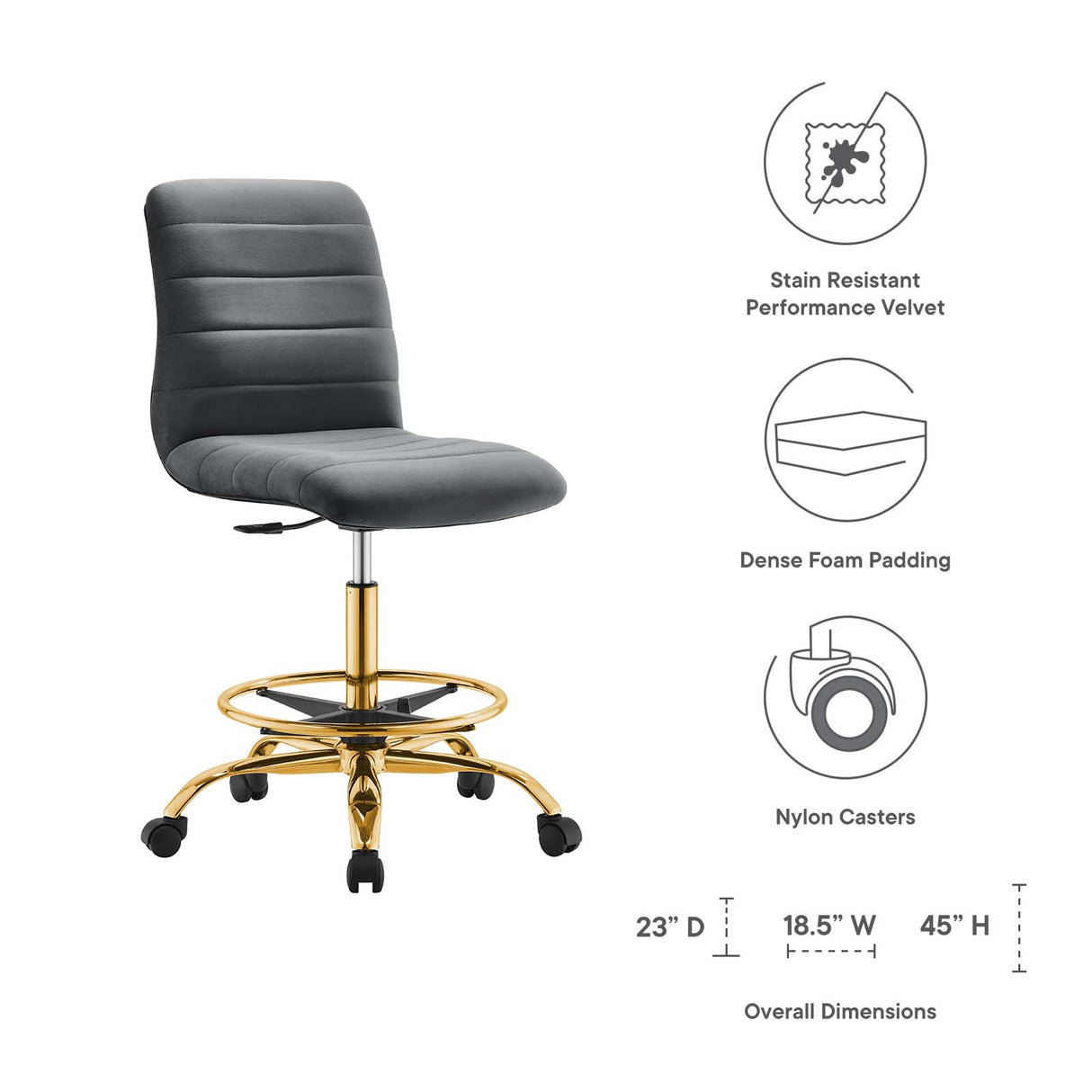 Ripple Armless Performance Velvet Drafting Chair