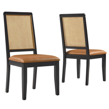 Arlo Vegan Leather Upholstered Faux Rattan and Wood Dining Side Chairs - Set of 2