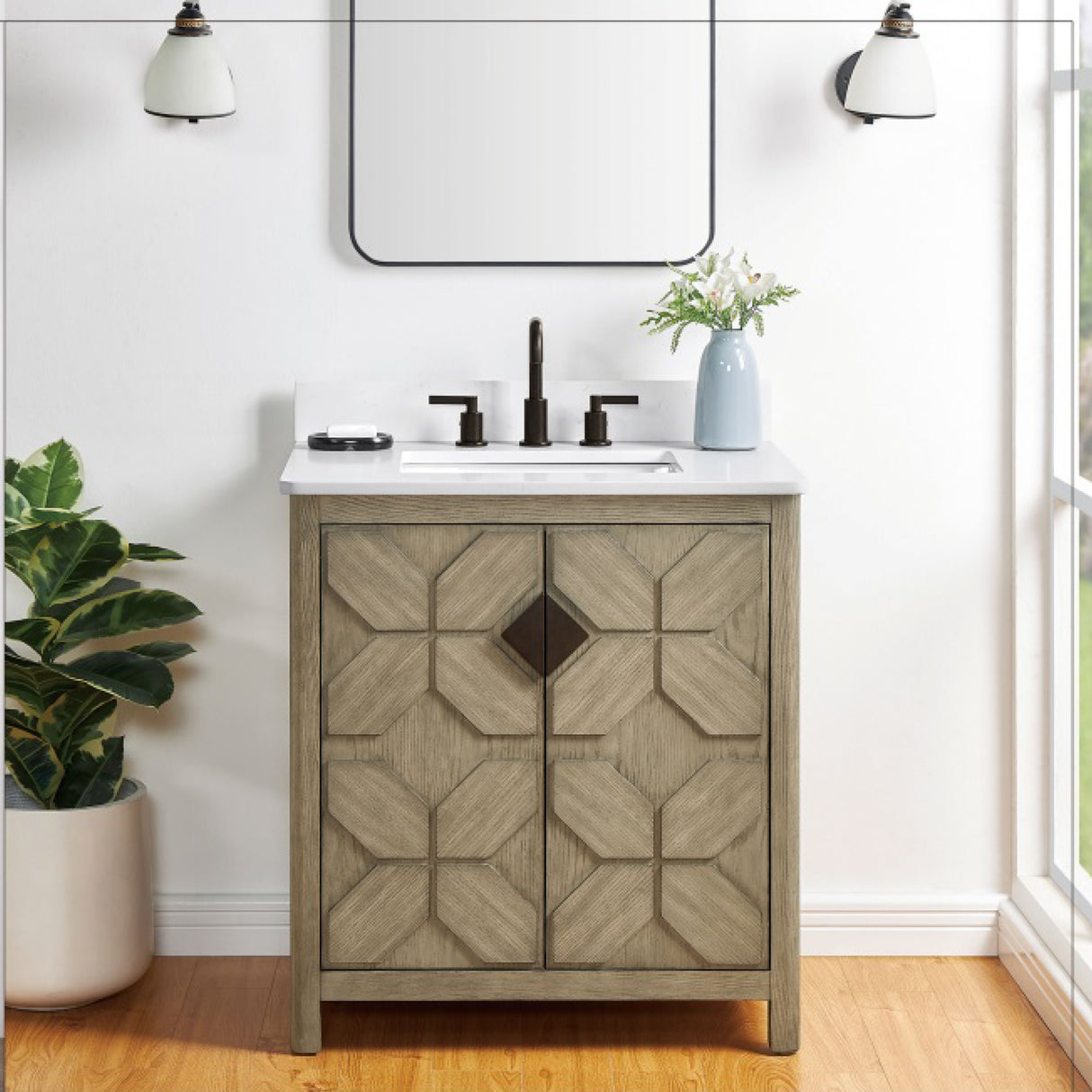 Emporia 31 In. Gray Oak Freestanding Solid Wood Bathroom Vanity with Quartz Top  with 4 In. Backsplash & Soft Closing Doors