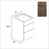 RTA - Essence Cemento - Three Drawer Base Cabinets - 12"W x 34.5"H x 24"D - ESC-3DB12