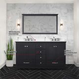 Dukes 60" Espresso Double Vanity, White Quartz Top, White Square Sinks and 58" Mirror