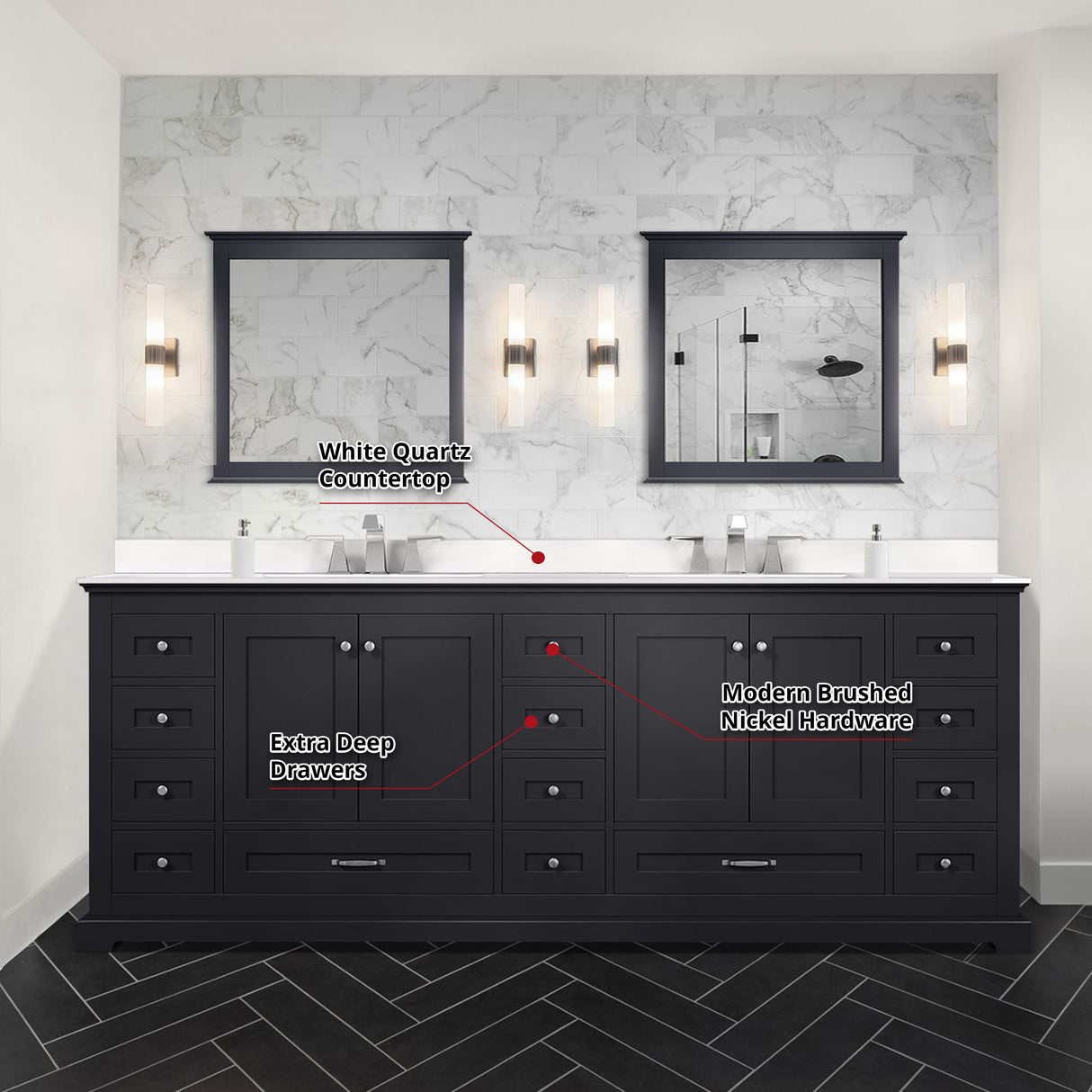 Dukes 84" Espresso Double Vanity, White Quartz Top, White Square Sinks and 34" Mirrors w/ Faucets