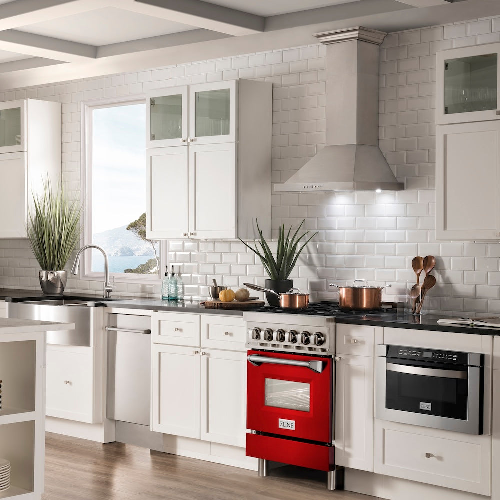 ZLINE 24 in. 2.8 cu. ft. Legacy Dual Fuel Range with 4 Burner Gas Cooktop and Electric Convection Oven in Stainless Steel and Red Matte Door (RA-RM-24)