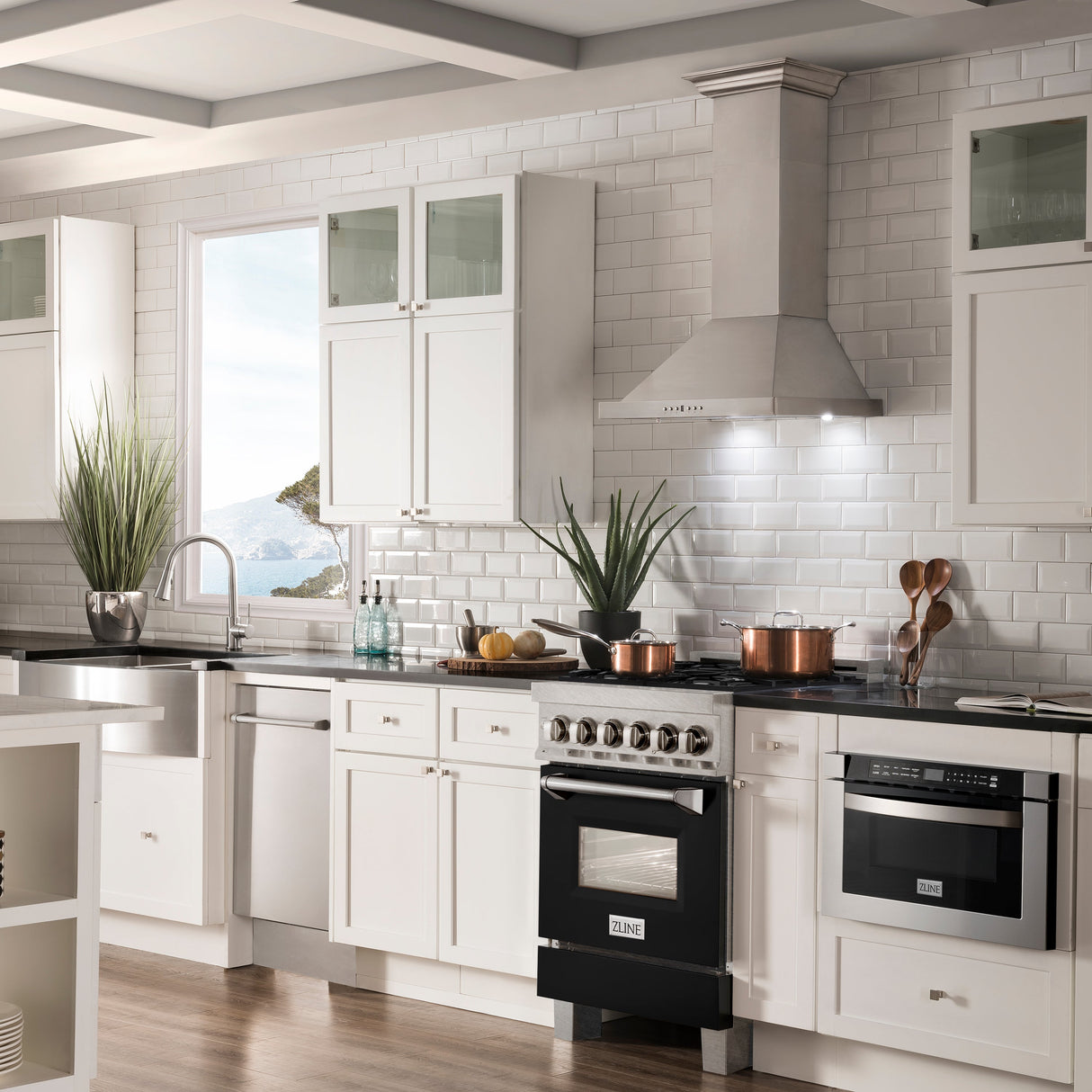 ZLINE 24 in. 2.8 cu. ft. Legacy Dual Fuel Range with 4 Burner Gas Cooktop and Electric Convection Oven in Satin Stainless Steel and Black Matte Door (RAS-BLM-24)