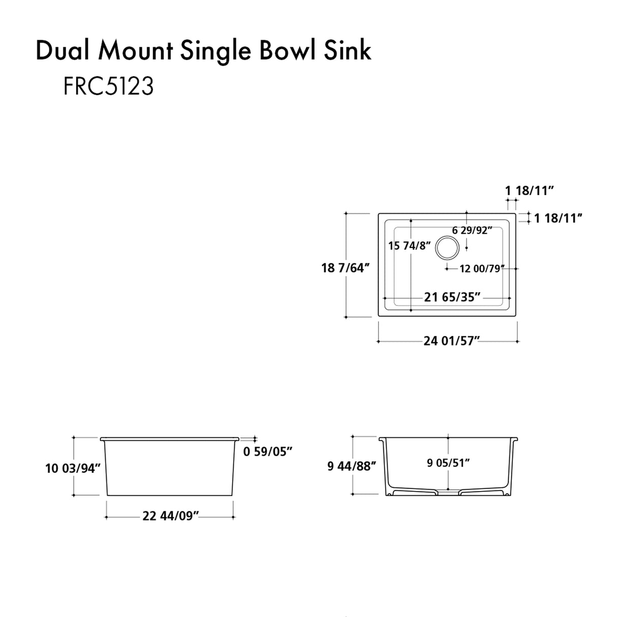ZLINE 24 in. Rome Dual Mount Single Bowl Fireclay Kitchen Sink with Bottom Grid in White Matte (FRC5123-WM-24)