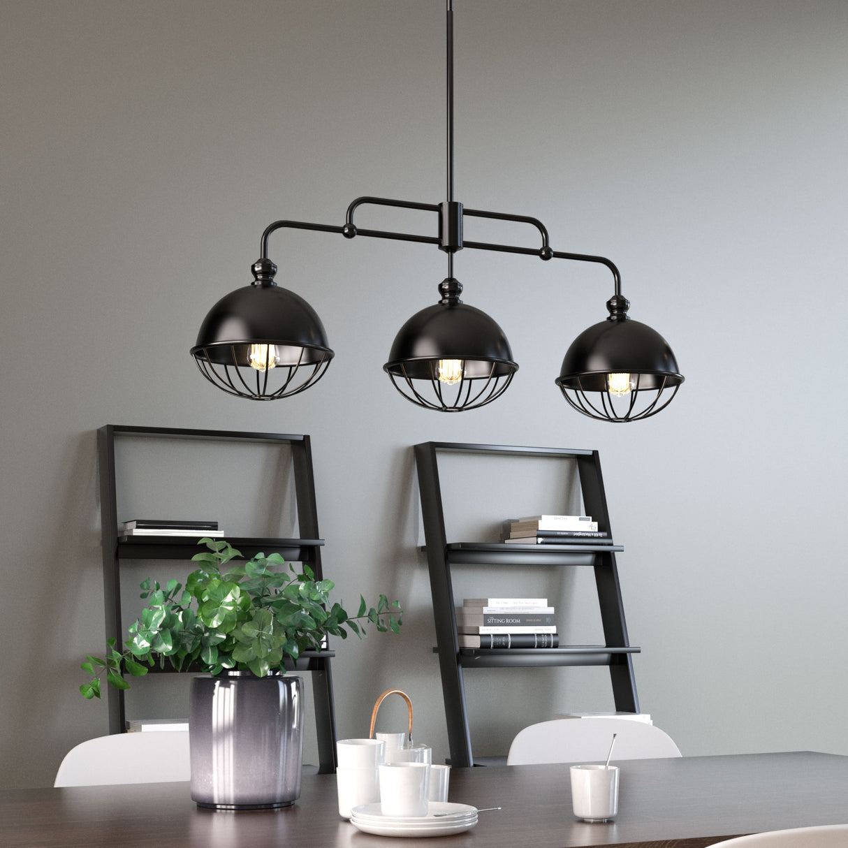 Modern 3-Light Black Iron Dome Shade Linear Pendant Chandelier for Kitchen & Dining