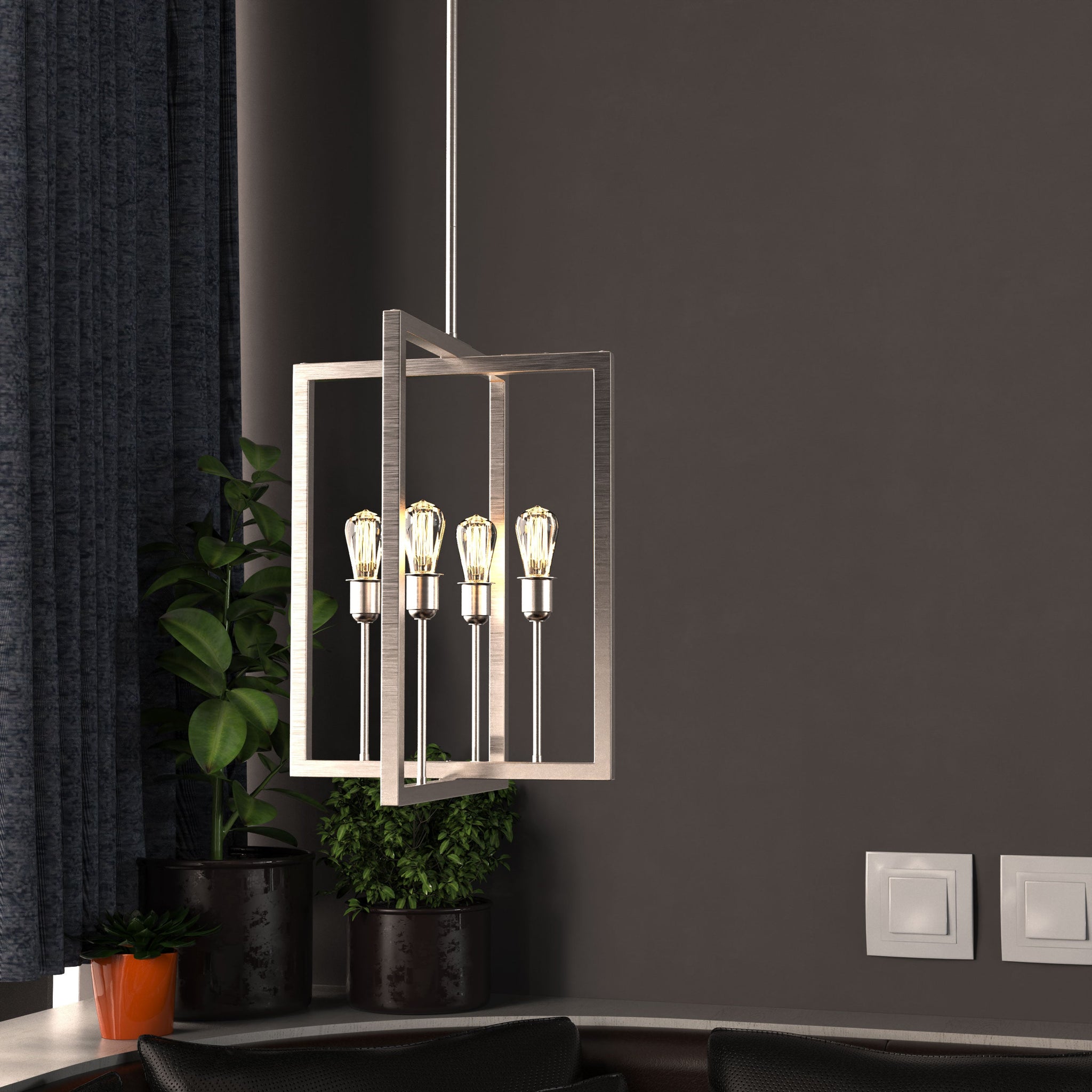 Farmhouse Chandelier, 4-Light Foyer Lighting for Dining Room, E26 Base, Brushed Nickel/Oil Rubbed Bronze Finish