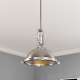 Industrial Pendant Light Fixture, Satin Nickel Finish, Dome Shape, Includes Extension Rods 1x6"+3x12", E26 Base