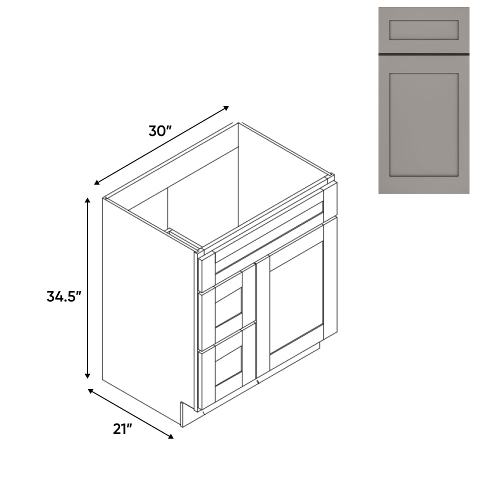 RTA - Grey Shaker - Vanity Cabinets with 1 Door 2 Drawer Left - 30"W x 34.5"H x 21"D - GS-3021DL