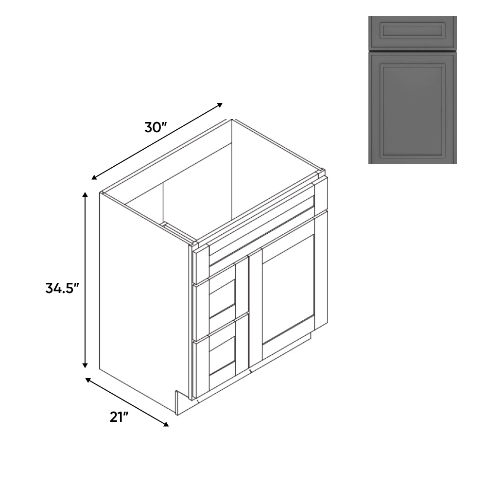 RTA - Elegant Shaker Grey - Vanity Cabinets with 1 Door 2 Drawer Left - 30"W x 34.5"H x 21"D