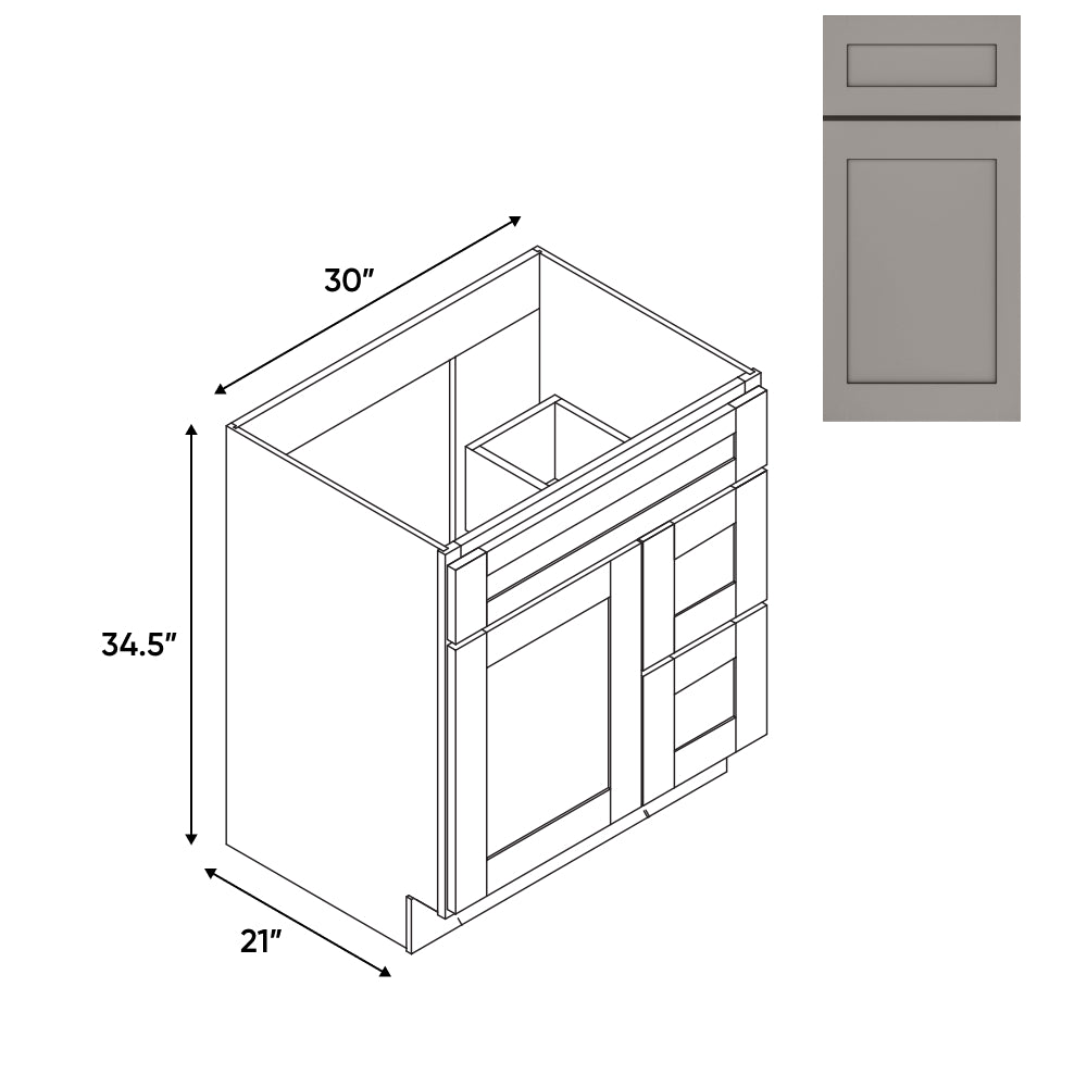 RTA - Grey Shaker - Vanity Cabinets with 1 Door 2 Drawer Right - 30"W x 34.5"H x 21"D - GS-3021DR