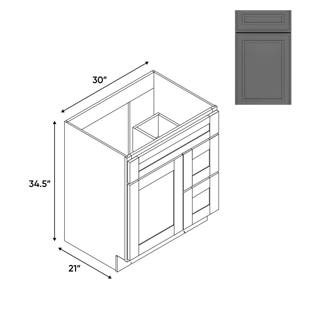 RTA - Elegant Shaker Grey - Vanity Cabinets with 1 Door 2 Drawer Right - 30"W x 34.5"H x 21"D