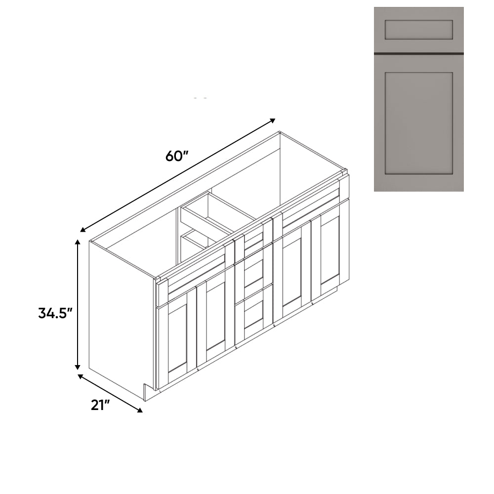 RTA - Grey Shaker - Vanity Cabinets with 3 Drawer Center - 4 Drawer Side - 60"W x 34.5"H x 21"D - GS-6021DD