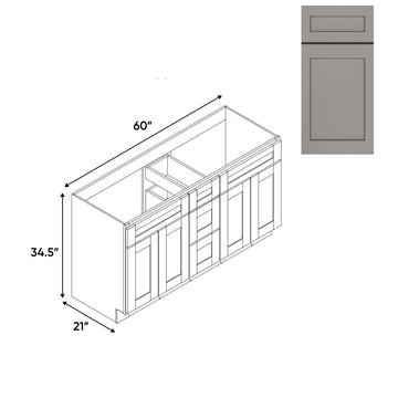 RTA - Grey Shaker - Vanity Cabinets with 3 Drawer Center - 4 Drawer Side - 60"W x 34.5"H x 21"D - GS-6021DD