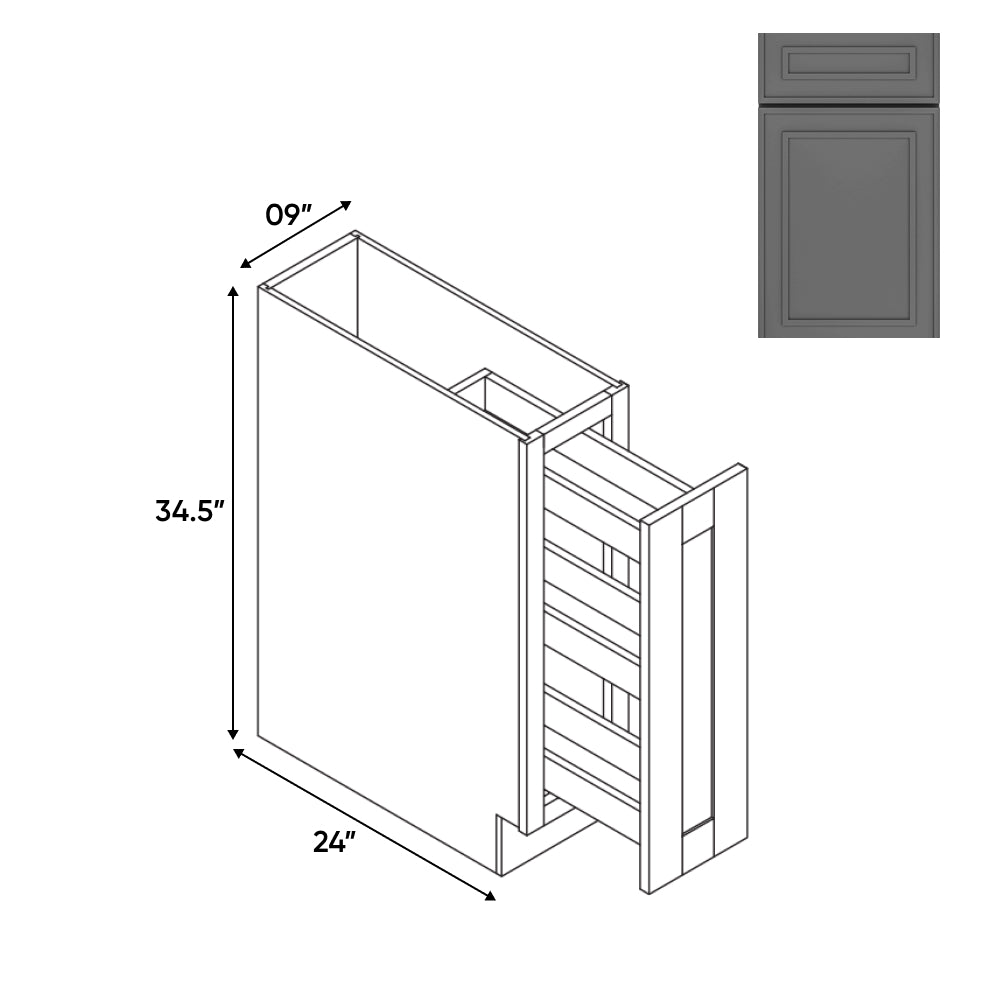 RTA - Elegant Shaker Grey - Base Spice Rack Pull Out with 3 Shelf - 9"W x 34.5"H x 24"D