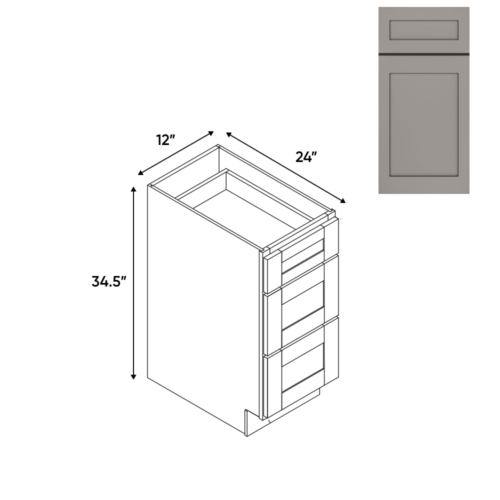 RTA - Grey Shaker - 12"W - Drawer Pack Base Cabinets with 3 Drawer - 12"W x 34.5"H x 24"D