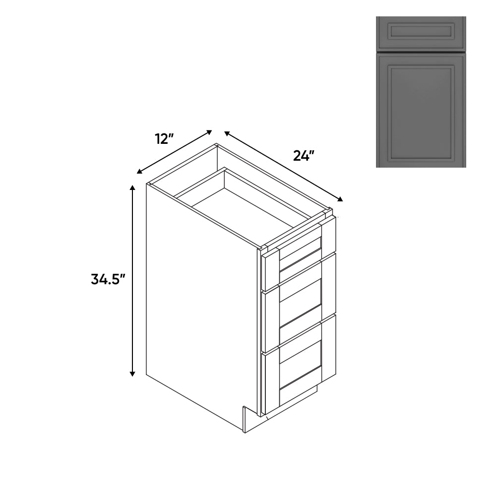 RTA - Elegant Shaker Grey - 12"W - Drawer Pack Base Cabinets with 3 Drawer - 12"W x 34.5"H x 24"D