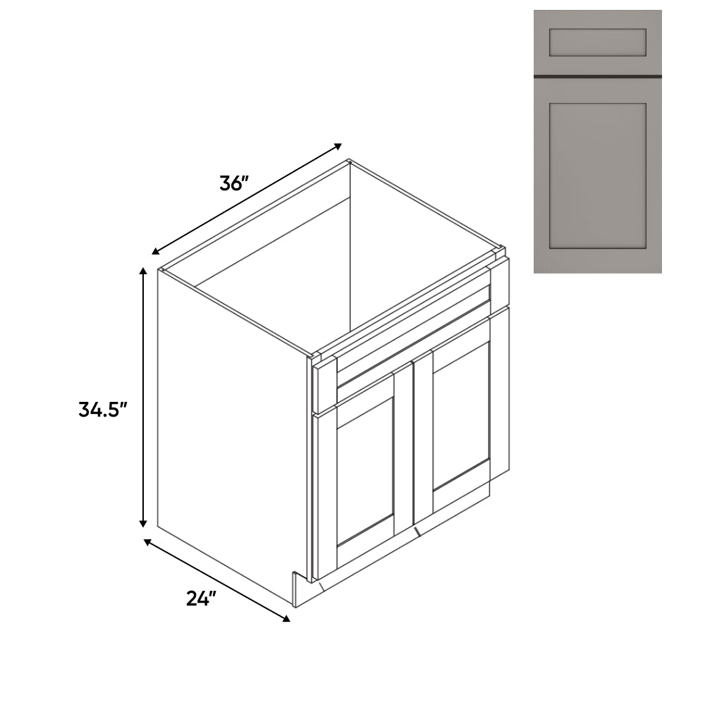 RTA - Grey Shaker - 36"W - Sink Base Cabinets for Apron - 36"W x 34.5"H x 24"D - GS-SBA36