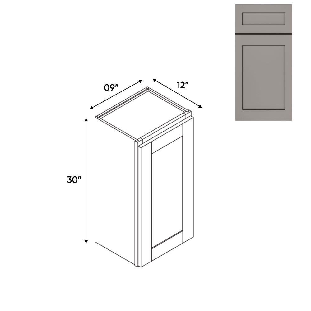 RTA - Grey Shaker - Wall High Cabinets with 1 Door 2 Shelf - 09"W x 30"H x 12"D - GS-W0930