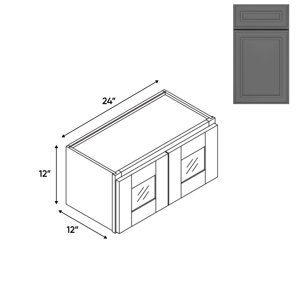 RTA - Elegant Shaker Grey - 24"W - Stack Up Wall Cabinet with Two Glass Door - 24"W x 12"H x 12"D