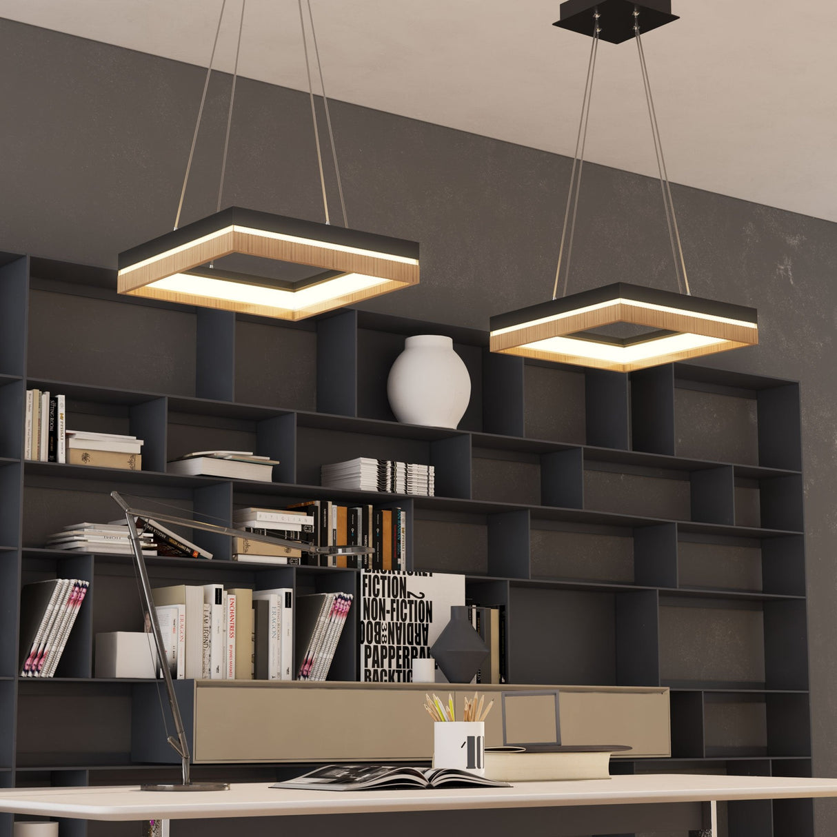 LED Pendant Light Fixture, Square, Dimmable, 3000K (Warm White), Wood and Matte Black (P1221-D4)