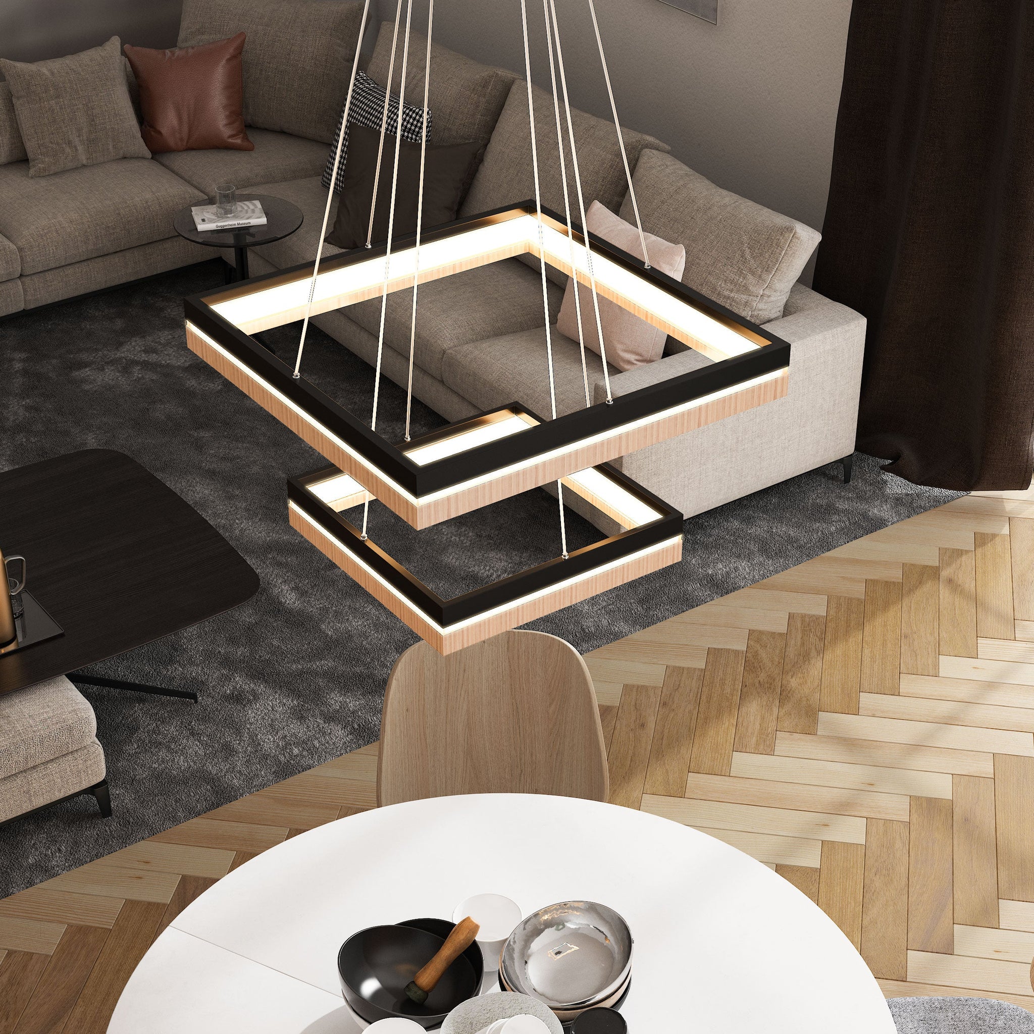 LED Pendant Light Fixture, Double Ring, Square, Dimmable, 3000K (Warm White), Wood and Matte Black