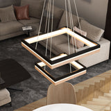 LED Pendant Light Fixture, Double Ring, Square, Dimmable, 3000K (Warm White), Wood and Matte Black