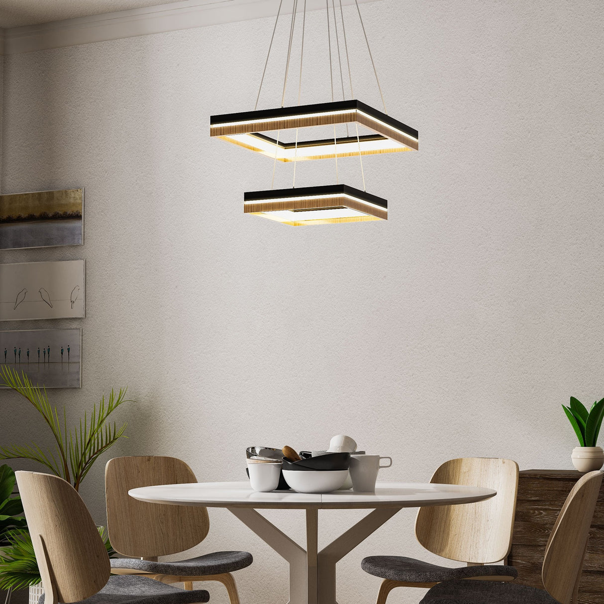 LED Pendant Light Fixture, Double Ring, Square, Dimmable, 3000K (Warm White), Wood and Matte Black