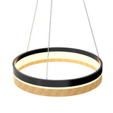 LED Pendant Light Fixture, Round, Dimmable, 3000K (Warm White), Wood and Matte Black