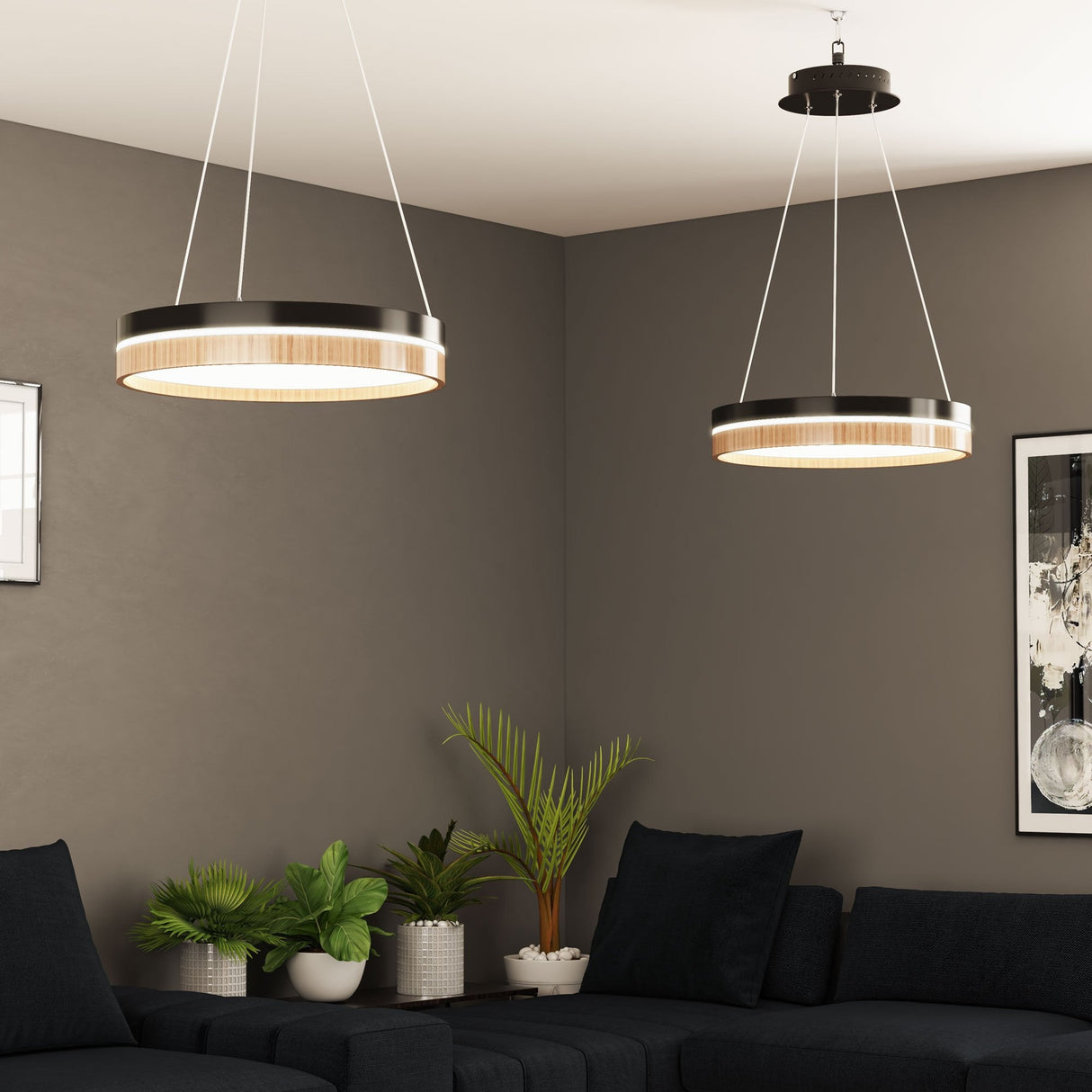 LED Pendant Light Fixture, Round, Dimmable, 3000K (Warm White), Wood and Matte Black