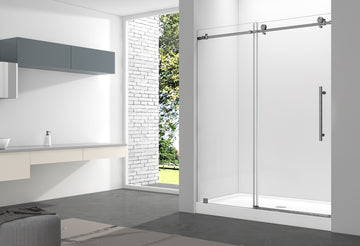 60 x 76 Inch Frameless Wall to Wall Shower Enclosure with One Fixed Glass & One Sliding Door, Clear Tempered Glass: 8mm, Brushed Grey Finish - PRO