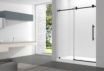 60 x 76 Inch Frameless Wall to Wall Shower Enclosure with One Fixed Glass & One Sliding Door, Clear Tempered Glass: 8mm, Black Finish - PRO