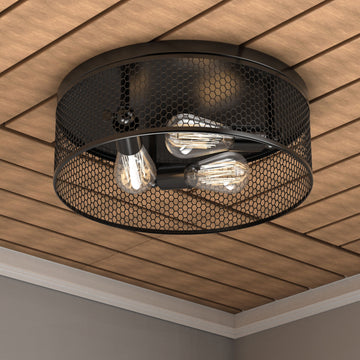 3-Lights Cage Style Flush Mount Fixture, Drum Shape, E26 Base, UL Listed, 3 Years Warranty