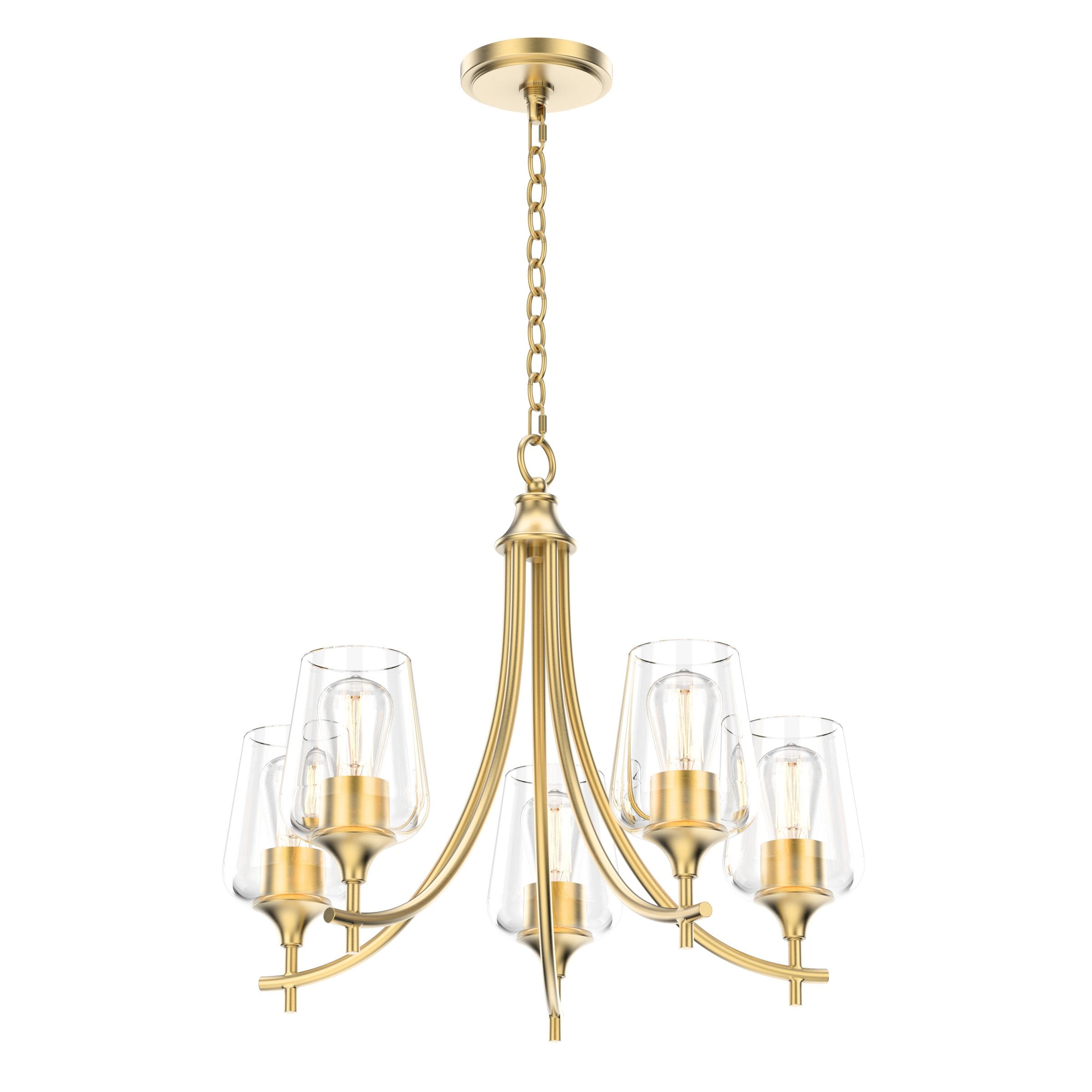 5-Lights Chandelier Light - Brass Gold Finish with Clear Glass Shades, E26 Socket, UL Listed for Damp Location, 3 Years Warranty