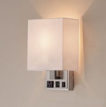 Modern LED Wall Sconce With 1 USB, 1 Switch, 1 Outlet - UL Listed, Satin Nickel Finish W/ White shade