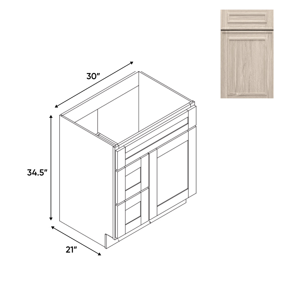 RTA - Elegant Shaker Ivory - Vanity Cabinets with 1 Door 2 Drawer Left - 30"W x 34.5"H x 21"D