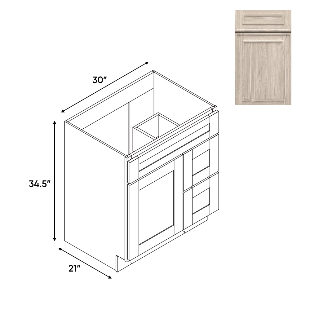 RTA - Elegant Shaker Ivory - Vanity Cabinets with 1 Door 2 Drawer Right - 30"W x 34.5"H x 21"D