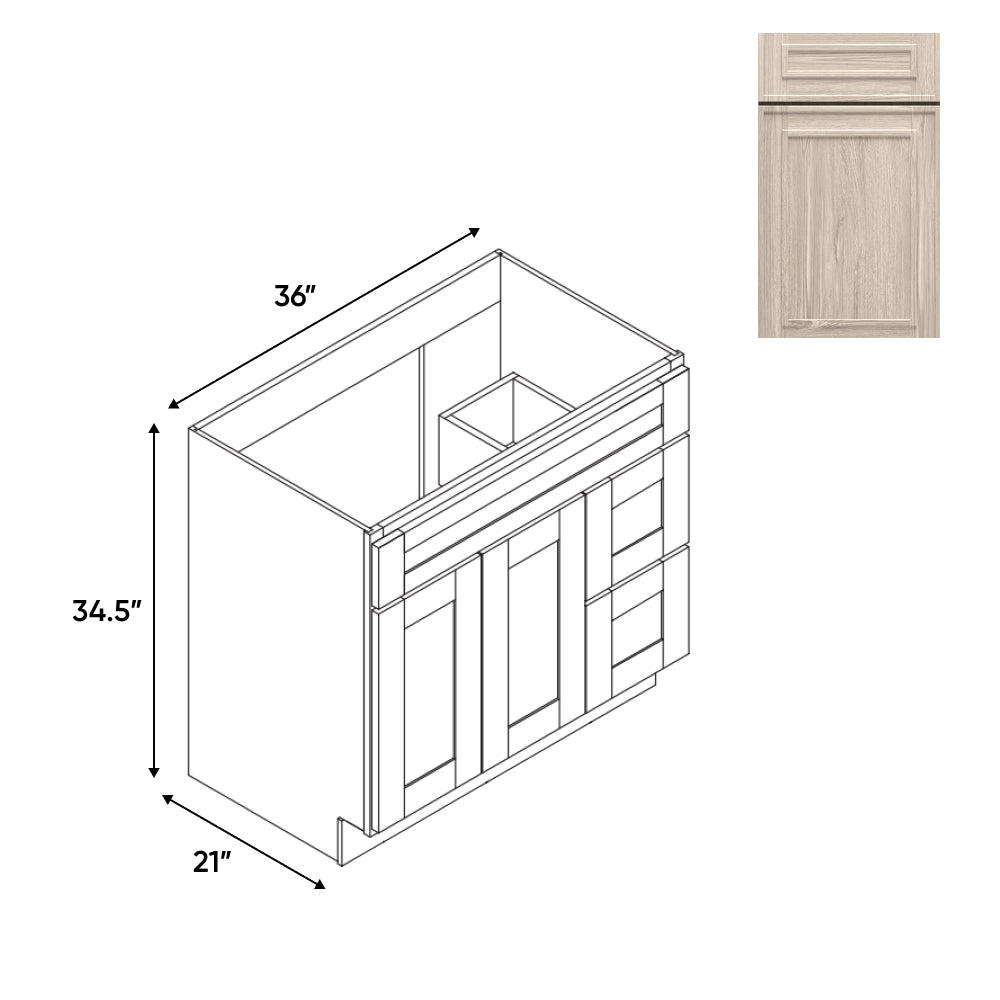 RTA - Elegant Shaker Ivory - Vanity Cabinets with 2 Door 2 Drawer Right - 36"W x 34.5"H x 21"D