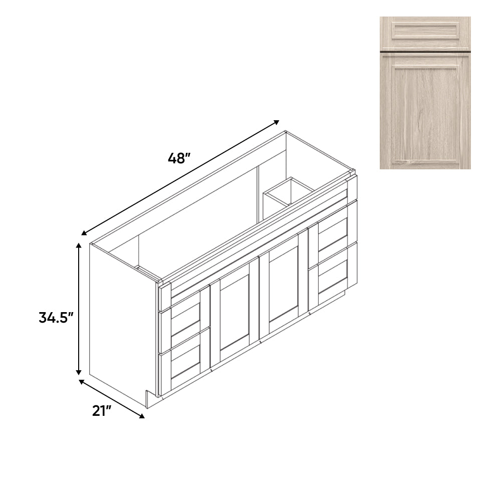 RTA - Elegant Shaker Ivory - Vanity Cabinets with 2 Door - 4 Drawer (2 Left - 2 Right) - 48"W x 34.5"H x 21"D