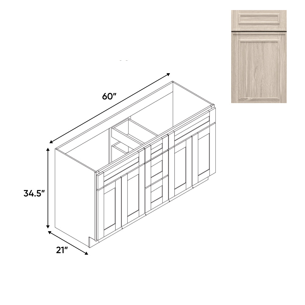 RTA - Elegant Shaker Ivory - Vanity Cabinets with 3 Drawer Center - 4 Drawer Side - 60"W x 34.5"H x 21"D