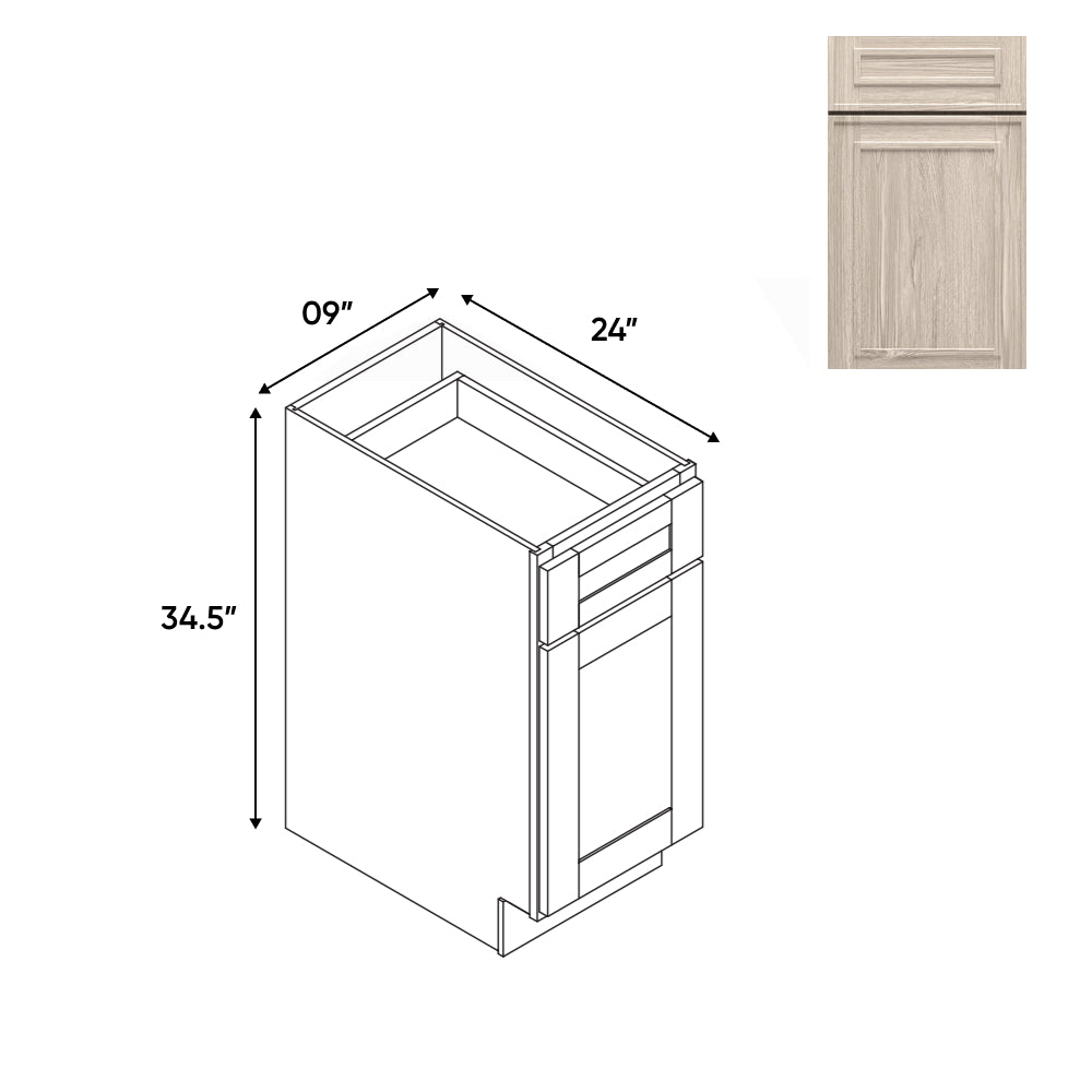 RTA - Elegant Shaker Ivory - 9"W - Base Cabinet with 1 Door 1 Drawer 1 Shelf - 9"W x 34.5"H x 24"D